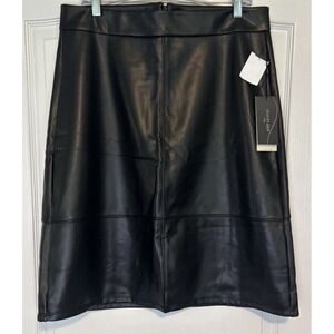 NYDJ Sculpt-Her Skirt Faux Leather Black Career A-Line Front Slit Size 10 NWT